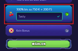 Casino Bonus mit Code TASTY auswählen: 300 % bis 750 € plus 200 Freispiele