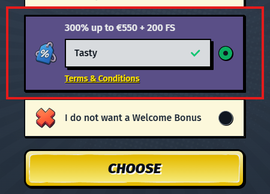 Casino Bonus mit Code TASTY: 300 % bis 550 € plus 200 Freispiele