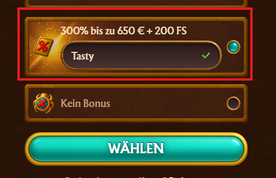 Casino Bonus mit Code TASTY: 300 % bis 650 € plus 200 Freispiele