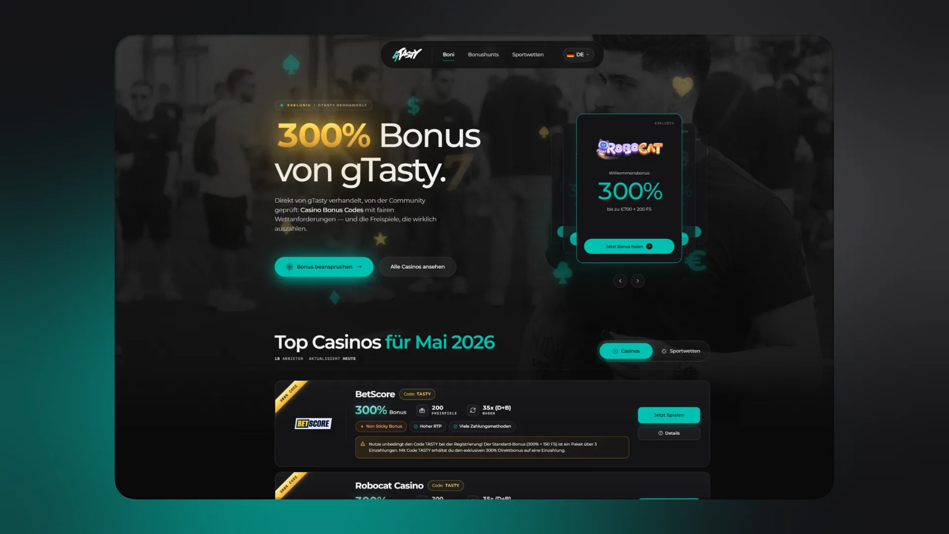 Casino Bonus Tipps von Streamer gTasty: 300 Prozent mit Code TASTY plus 200 Freispiele